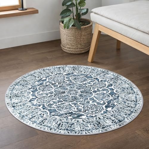 KUTA Vintage Round Rug 3ft Washable Boho Indoor Circle Area Rug Blue White - Image 3