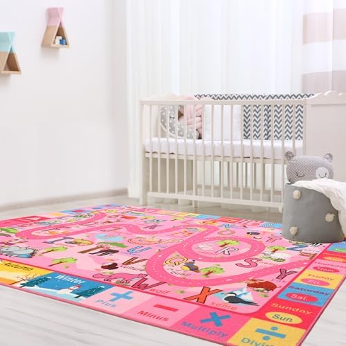 Terrug Education Kids Rug for Classroom, Washable ABC Play Rugs 4x6 Pink - Image 5