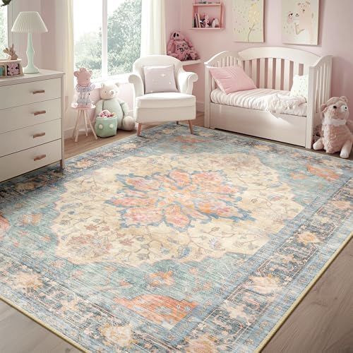 RELEANY Washable Area Rug, 5'x8', Blue/Orange/Red - Image 2