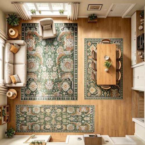 RUGSURE Washable Area Rugs - Perfect for Living Room, Bedroom, Kids Room, Nursery - Stain & Water Resistant Non-Slip, Pet & Child Friendly, Vintage Tribal Area Rugs (Green, 2'6'' x 8') - Image 5