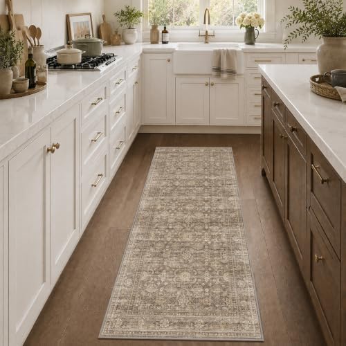 JOOJA 2x5 Neutral Tan Vintage Floral Low Pile Non Slip Washable Runner Rug - Image 2