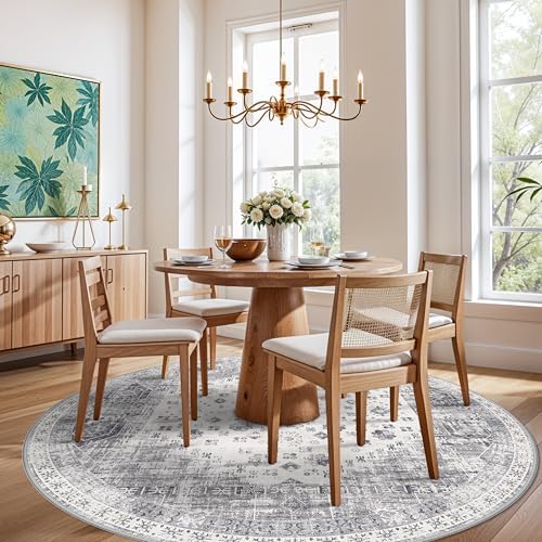Washable 6ft Round Area Rug - Vintage Living Room Bedroom Rugs with Non Slip Backing Indoor Low Pile Carpet for Kitchen Nursery Ultra Soft Home Decor Floor Mat for Bathroom (Grey,6round) - Image 4