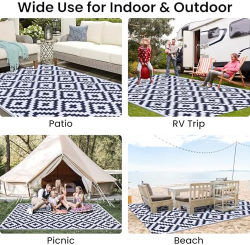 Smiry Outdoor Rug 4x6 ft Waterproof Reversible Boho Mat, White & Navy - Image 7