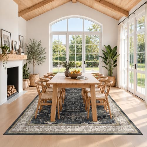Black Boho Rug for Living Room 9x12 - Washable Dining Room Rugs for Under Table, Vintage Soft Low Pile Carpet for Bedroom, Non-Slip Farmhouse Bohemian Large Tumble Rug for High Traffic Area - Image 3