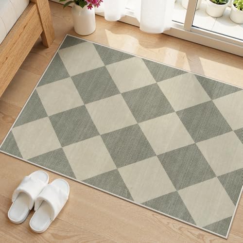 Beeiva Checkered Washable Entryway Rug 2x3, Non Slip Ultra Thin Green Front Door Mat Indoor Entrance Low Pile Small Kitchen Rug, Moroccan Contemporary Decor Neutral Accent Carpet for Bedroom Bathroom by Beeiva