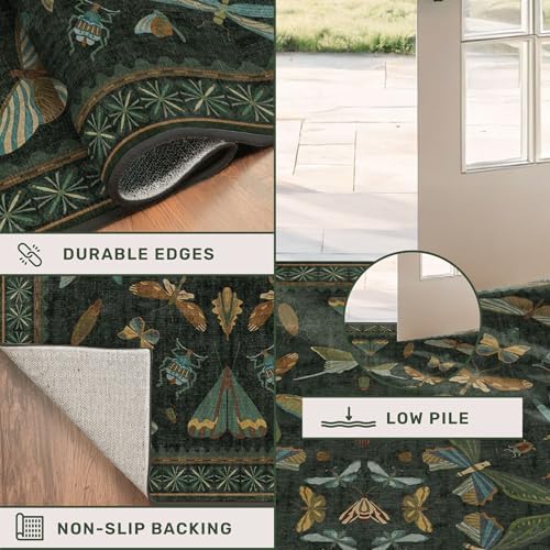 2x10 10ft Long Hallway Rug Runner - Washable Boho Rug for Entryway Idoor Non Slip, Dark Green Forest Butterfly Vintage Carpet, Low Pile & Soft Stain Resistant Indoor Décor - Image 5