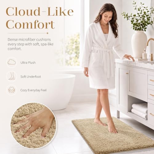 Yimobra Long Bathroom Rug 44x24, Non Slip Washable Fluffy Bath Mat, Beige - Image 3