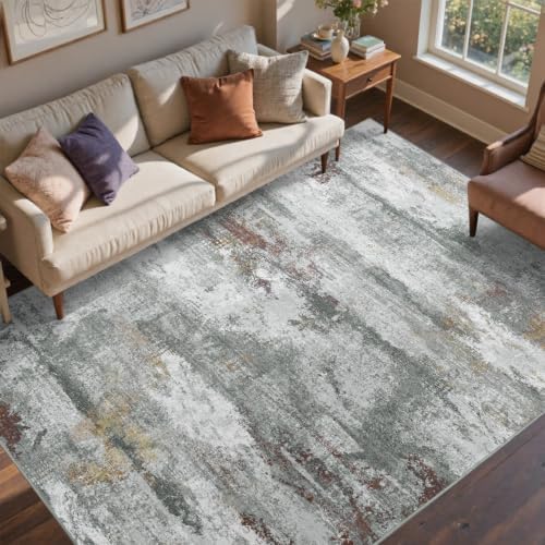8x10 Ft Abstract Washable Area Rugs for Living Room Grey Red Gold - Image 3