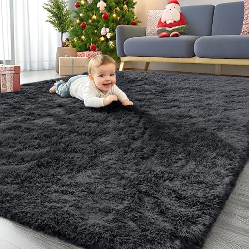 OLANLY 6x7 Area Rugs for Living Room Bedroom, Machine Washable Soft Fluffy Shaggy Bedside Rug, Indoor Floor Carpet for Kids Girls and Boys, Dorms, Nursery Rooms, Home Decor Aesthetic, Black by OLANLY