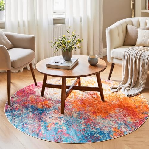 Rugflix Round Area Rugs 4Ft for Living Room, Washable Colorful Circle Rug by RugflixAreaRugs