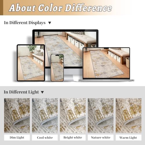 Hallway Runner Rug 2x10 Textured Non Slip Carpet Runner, Beige/Gold - Image 5