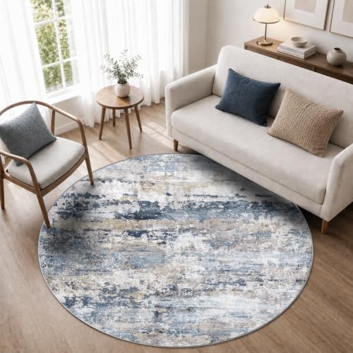 pmtsns Round Rug 4ft for Bedroom: Washable Circle Rug Modern Abstract Neutral Soft Non-Slip Low-Pile Entryway Carpet for Living Room Dining Room Nursery Home Office (Blue Grey Brown, 4' Round) by pmtsns
