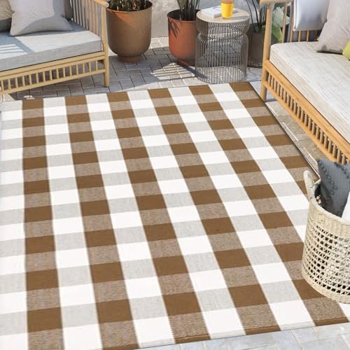 Buffalo Plaid Outdoor Rugs, 4' x 6' Brown and White Checkered Indoor/Outdoor Area Rug, Layering Rug for Hello/Welcome Door Mat, Washable Cotton Woven Farmhouse Mat for Fall Front Porch Décor by BOTTA