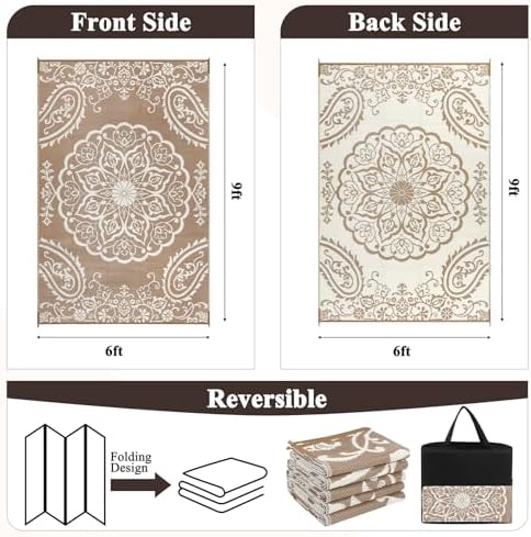 Pauwer Outdoor Rug 6x9, Waterproof Plastic Straw Camping Rug, Boho Brown - Image 2