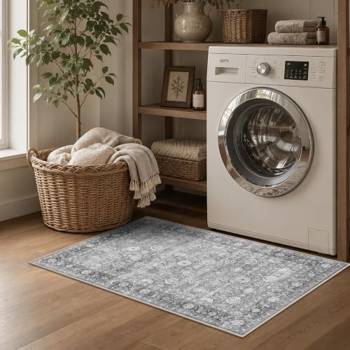 JOOJA 2x3 Grey Vintage Low Pile Non Slip Washable Boho Entryway Throw Rug - Image 3