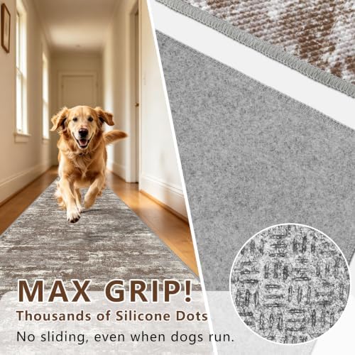 Hallway Runner Rug 2x8 Textured Non Slip Carpet Runner, Abstract Brown - Image 2