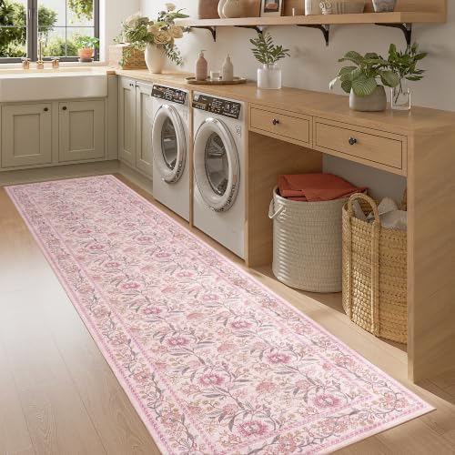 DUKINO 2x8 Runner Rug, Washable Vintage Floral Kitchen Rugs, Pink - Image 3