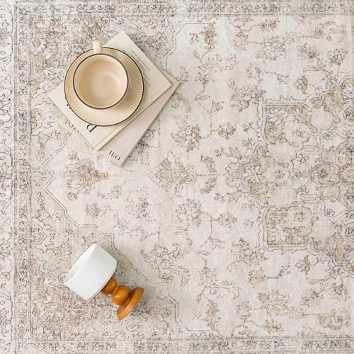PureCozy Beige 2x4 Washable Area Rug Vintage Oriental Medallion Doormat - Image 6