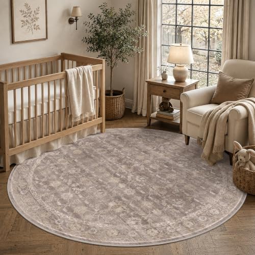 Living Room Washable 6ft Round Rug Soft Boho Throw Carpet Taupe Wheat - Image 3