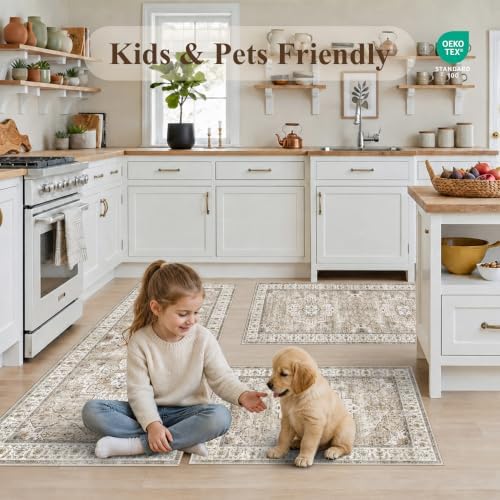 Washable Kitchen Rugs Sets of 3: Non-Slip Boho Kitchen Mats for Floor - Soft Low Pile Carpet Runner for Sink,Entryway,Bathroom Indoor Small Accent Rug Home Decor for Hallway (Beige/Brown,2x3+2x4+2x5) - Image 6