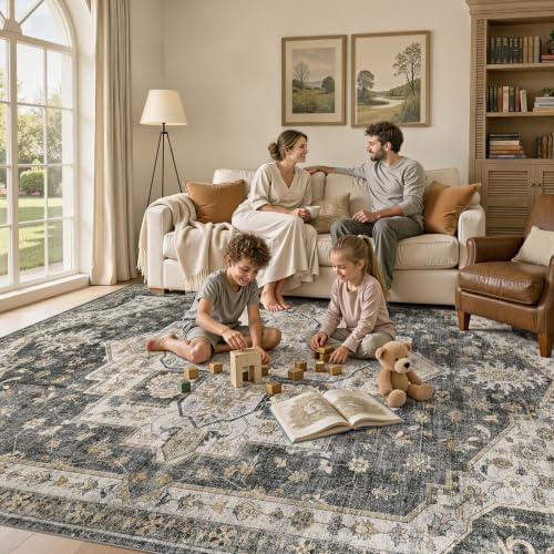 UERMEI 8x10 Area Rug for Living Room Washable Vintage Non Slip Black - Image 4