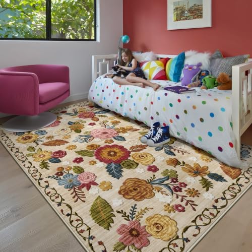 Washable 5x7 Area Rug, Beige Boho Floral Non-Slip for Living Room, Bedroom by GERUIMO
