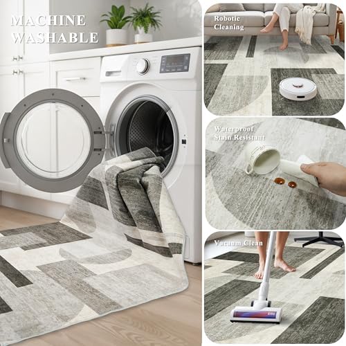 TOPRUUG Area Rug 5x6 Washable: Geometric Non-Slip Low Pile Rugs for Living Room Large Kitchen Bedroom Office - Ultra Soft Modern Aesthetic Home Decor (Beige/Olive Green/Gray, 5X6) - Image 5
