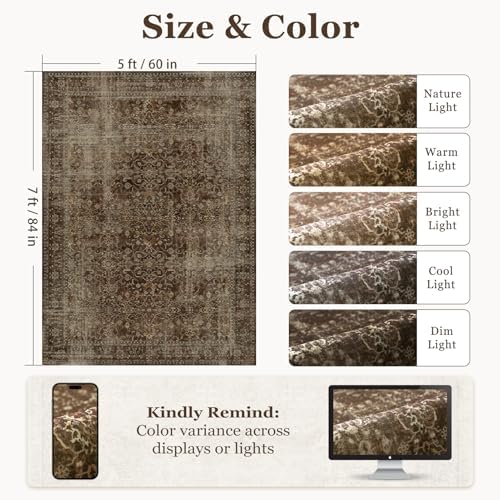 Coffee Brown 5x7 Living Room Rug, Vintage Distressed Washable Non Slip Area Rugs for Bedroom Dining Room, Warm Earth Tone Low Pile Thin Carpet Rugs for Den/Home Office/Kitchen/Foyer - Image 2