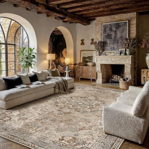 PureCozy Brown Area Rug 10x14 Living Room Vintage Floral Non-Slip Carpet - Image 2