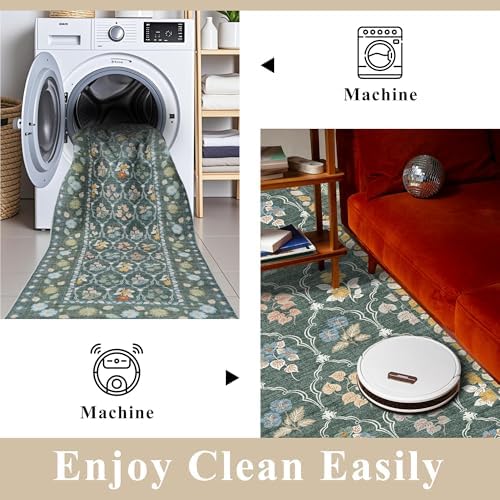 2.6x12 Kitchen Runner Rug Washable - Vintage Non Slip Hallway Rugs Low Pile Carpet for Bedroom Laundry Soft Indoor Floor Mat - Safe Durable Choice for Married Women with Kids & Pets 2’6x12 Green - Image 6