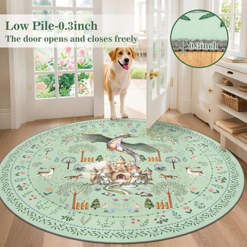 nesrt Fantasy Dragon Round Rugs for Living Room 6Ft Non Slip, Washable Animal Print Dining Room Circle Rugs, Soft Whimsical Nursery Floor Carpets for Playroom Bedroom Office (Green) - Image 4