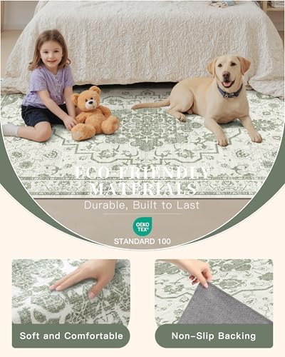 Madane 8x10 Area Rugs for Living Room, Washable Soft Rug Green/Ivory - Image 4