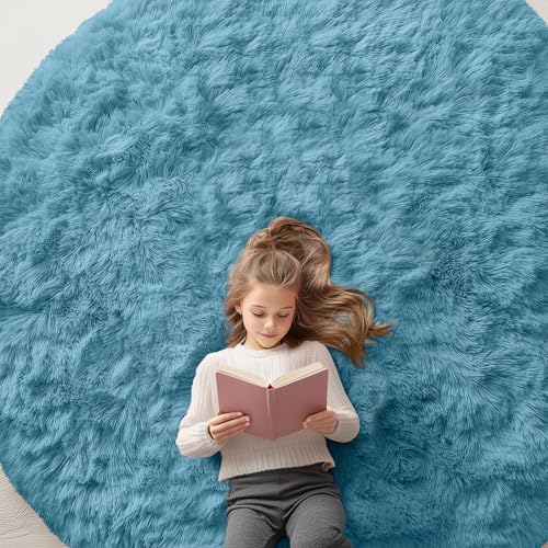 OLANLY Slate Blue Round Rugs for Bedroom - Machine Washable, 7 ft Circle Area Rugs for Living Room, Soft and Fluffy Shaggy Carpet for Teen Girl and Boys, Nursery Rooms, Dorms, Home Decor Aesthetic by OLANLY