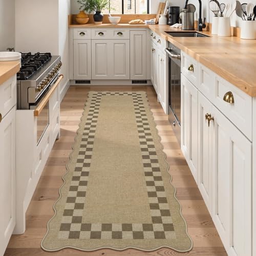 LIVEBOX Scalloped Easy Jute Checkered Runner Rug for Kitchen, Washable 2x8 Tan Rugs for Hallway Runner Entryway, Geometric Indoor Outdoor Non Slip Rug Farmhouse Modern Carpet Door Mat for Porch - Image 2