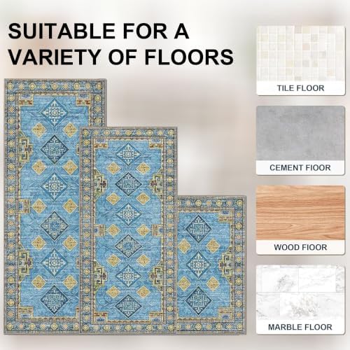 Kitchen Rugs Sets of 3 Non Slip Washable Kitchen Mats for Floor, Light Blue - Image 4