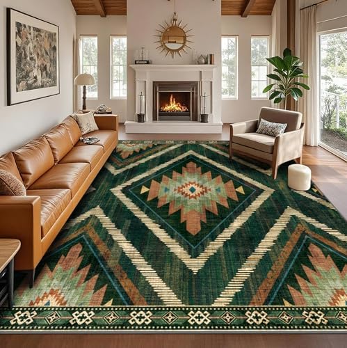 Boho Washable Area Rugs 8x10ft, Large Low Pile Living Room Area Rug Non Slip, Green Moroccan Bedroom Carpets, Non Shedding Soft Floor Carpet for Dining Room Nursery Home Office by Geanlod
