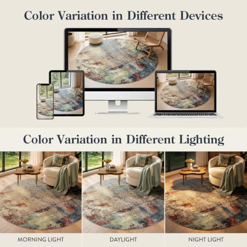 Lahome Modern Abstract Round Rug 4Ft - Washable 4x4 Circle Rugs for Living Room Bedroom Bathroom Non Slip, Soft Indoor Floor Carpet for Kitchen Entryway Family Room, Red/Multi - Image 5