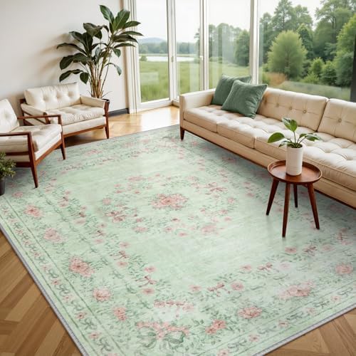 Wonnitar Green Area Rug for Living Room, Floral Bow 8x10 Washable Rug, Ultra-Thin Non Shedding Soft Boho Carpet for Bedroom Dining Room Playroom Dorm, Light Green by Wonnitar