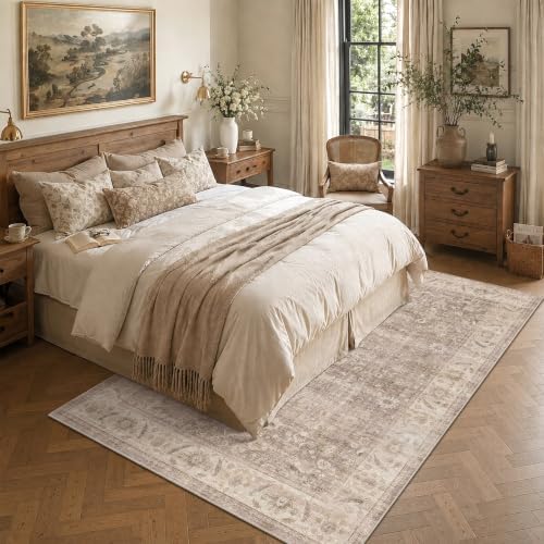 Washable 6x9 Bedroom Non-Slip Area Rug Retro Light Taupe Large Carpet - Image 4