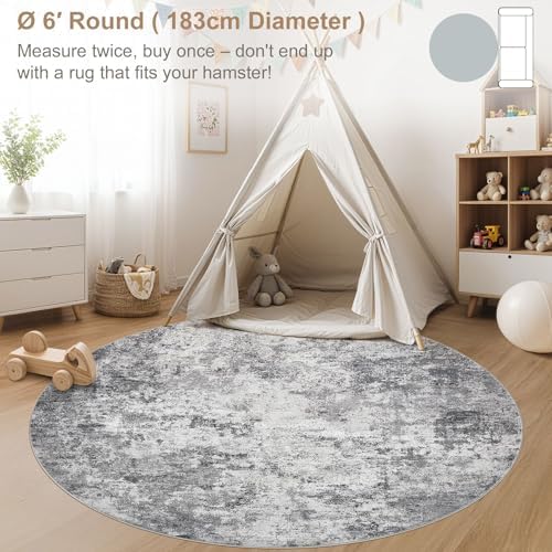 UERMEI 6ft Round Area Rug Living Room Rugs - 6x6 Washable Neutral Modern Abstract Soft Thin Rug Indoor Floor No Slip Rug Carpet for Bedroom Under Dining Table Home Office Decor - Grey - Image 5