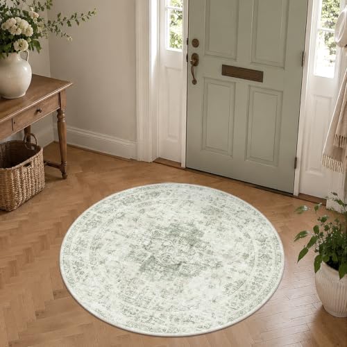 4ft Round Washable Office Rug Non-Slip Medallion Green Throw Carpet - Image 2