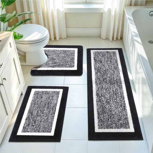 Pauwer Bathroom Rugs 3 Piece Set, Non Slip Washable Bath Mat, Black by Pauwer