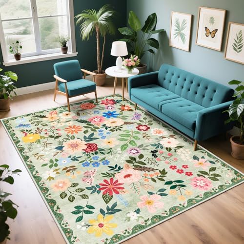 PLHXFR Area Rug Living Room: 4x6 Floral Washable Boho Soft Carpet Green by PLHXFRSoftAreaRugs