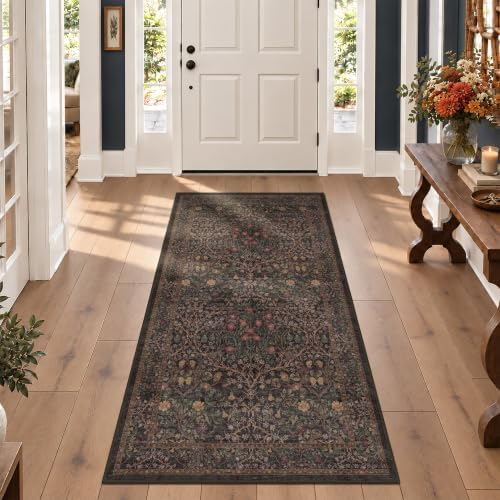 Washable 3x6 Runner Rug for Entryway, Dark Brown Boho Large Kitchen Rug, Home Office Floor Rug, Non-Slip Stain & Fade Resistant, Vintage Dark Taupe Floral Entryway Décor by HazoHaus