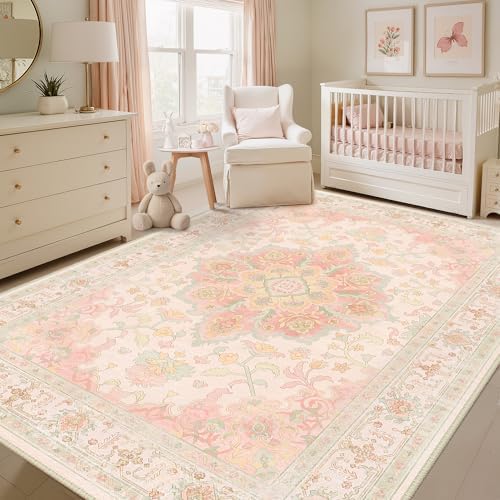 CAPALOCA 6x9 Washable Nursery Girls Low Pile Area Rug Pink Green - Image 2