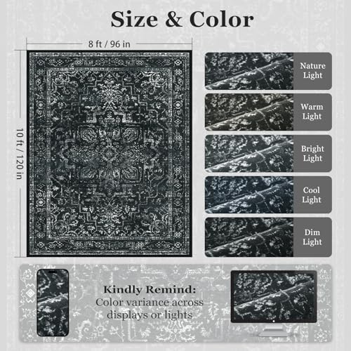 Black Vintage Distressed 8x10 Area Rugs for Living Room, Washable Non Slip Bedroom Rugs Under Bed Faux Wool Soft, Dark Medallion Pinted Thin Carpet for Dining Room Home Office - Image 2