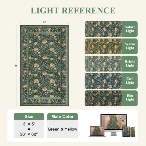 DUKINO 3x5 Rug, Washable Vintage Floral Bedroom Area Rug Non Slip, Green - Image 2