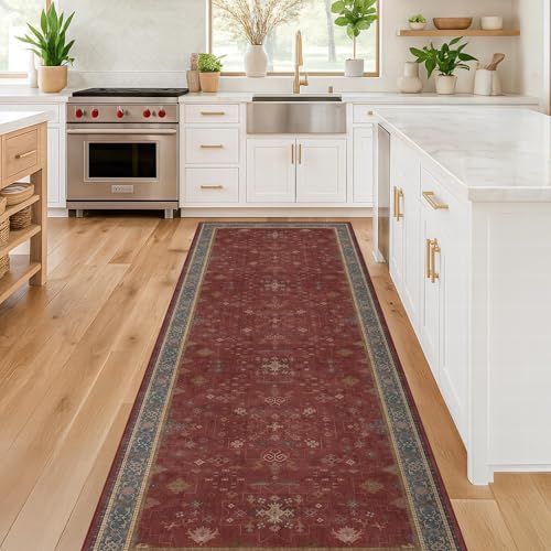 Dark Red 2'6''x10' Wide Hallway Runner Rug - 10ft Long Washable Non Slip Indoor Door Mats for Entryway, Low Pile & Soft Boho Geometric Floral Pattern Burgundy Area Rug - Image 3
