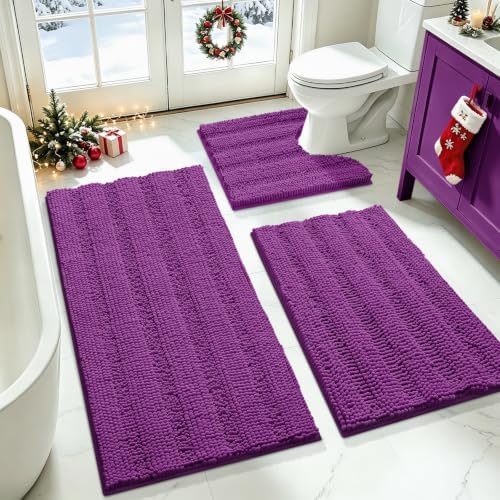 ACCUMTEK Striped Purple Bathroom Rug Set 3 Pieces Ultra Soft, Non Slip Chenille Toilet Mat, Absorbent Plush Shaggy Bath Mats for Bathroom, Bedroom, Kitchen by ACCUMTEK