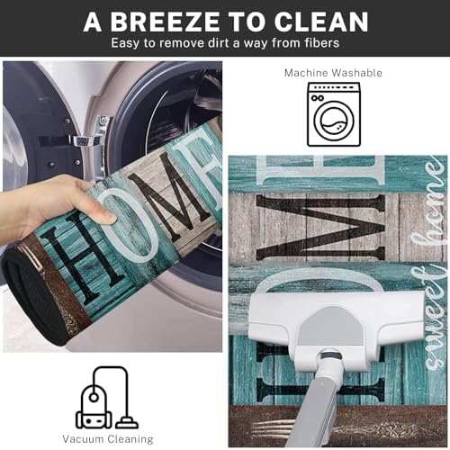 Teal Kitchen Rugs Set of 2 Non Slip Washable Farmhouse Turquoise - Image 6